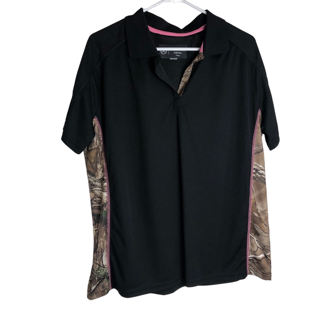 MERCEDES Women’s Polo Shirt black w camo & pink piping 100% Polyester Like new
